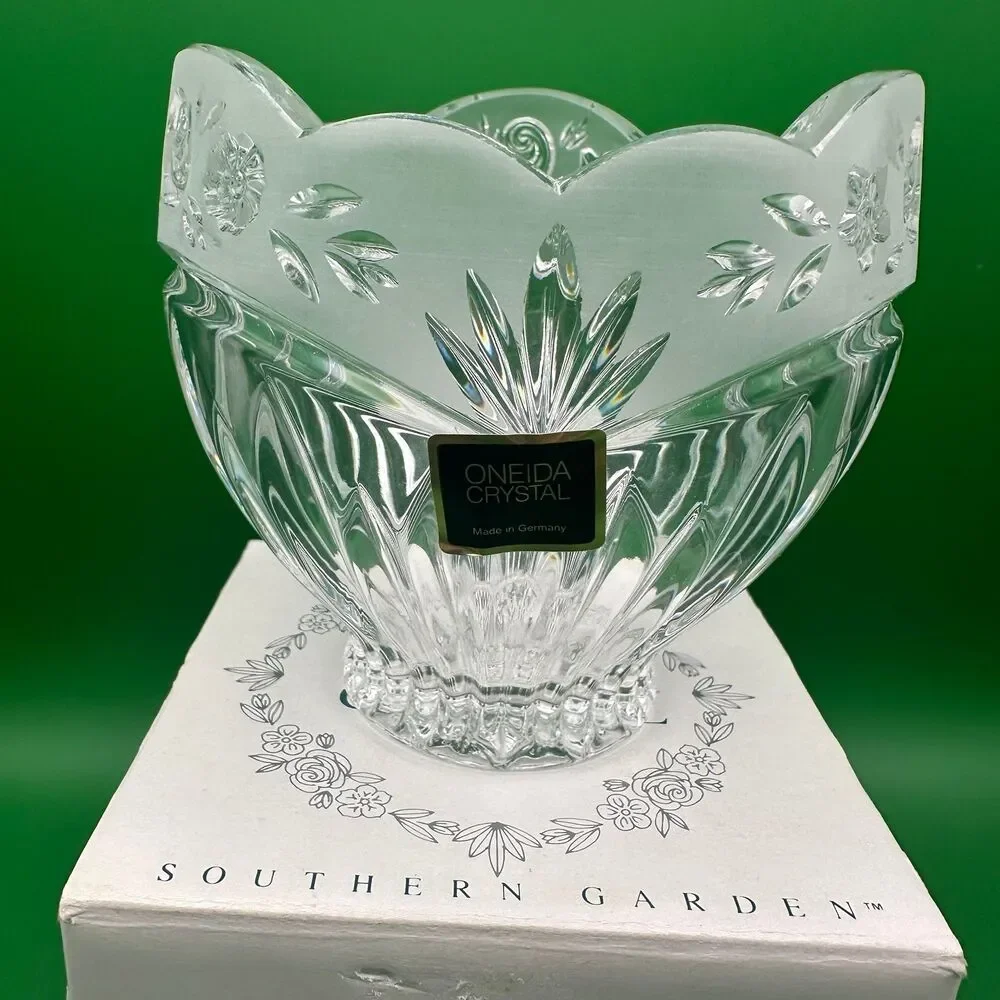 Vtg Oneida Southern Garden Lead Crystal 4” Votive Candle Holder Bowl Scalloped